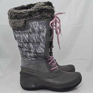NORTH FACE Winter/Snow Boots Women 7 Shellista II Gray/Pink Calf-High Faux Fur